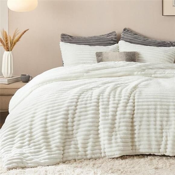 Fluffy Comforter Set Queen - Super Soft Faux Fur Bed Set Cream White, All Season - Picture 7 of 7